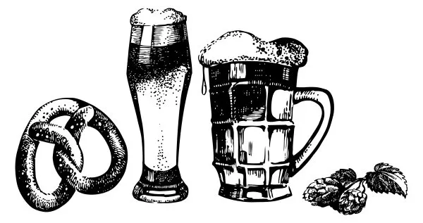 Oktoberfest set of beer, hops and pretzel. Hand drawn illustrations