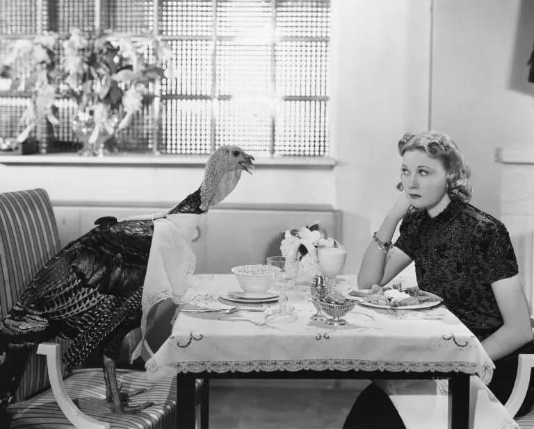 Woman eating meal at table with live turkey | Stock Photo © Ron Harvey