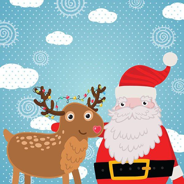 Christmas greeting card with deer and Santa Claus.