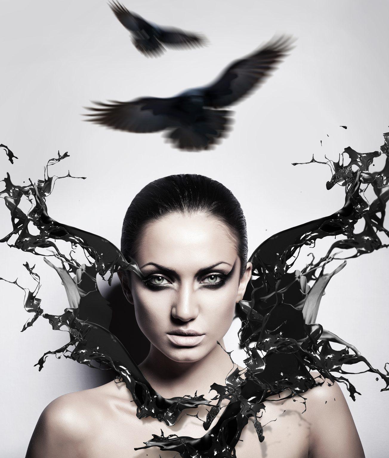 sexy brunette woman with black splash and crows