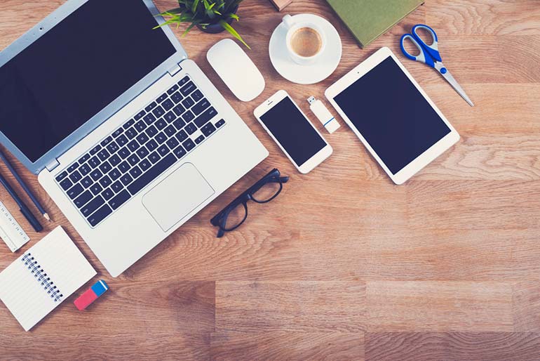 office desk stock photography top view