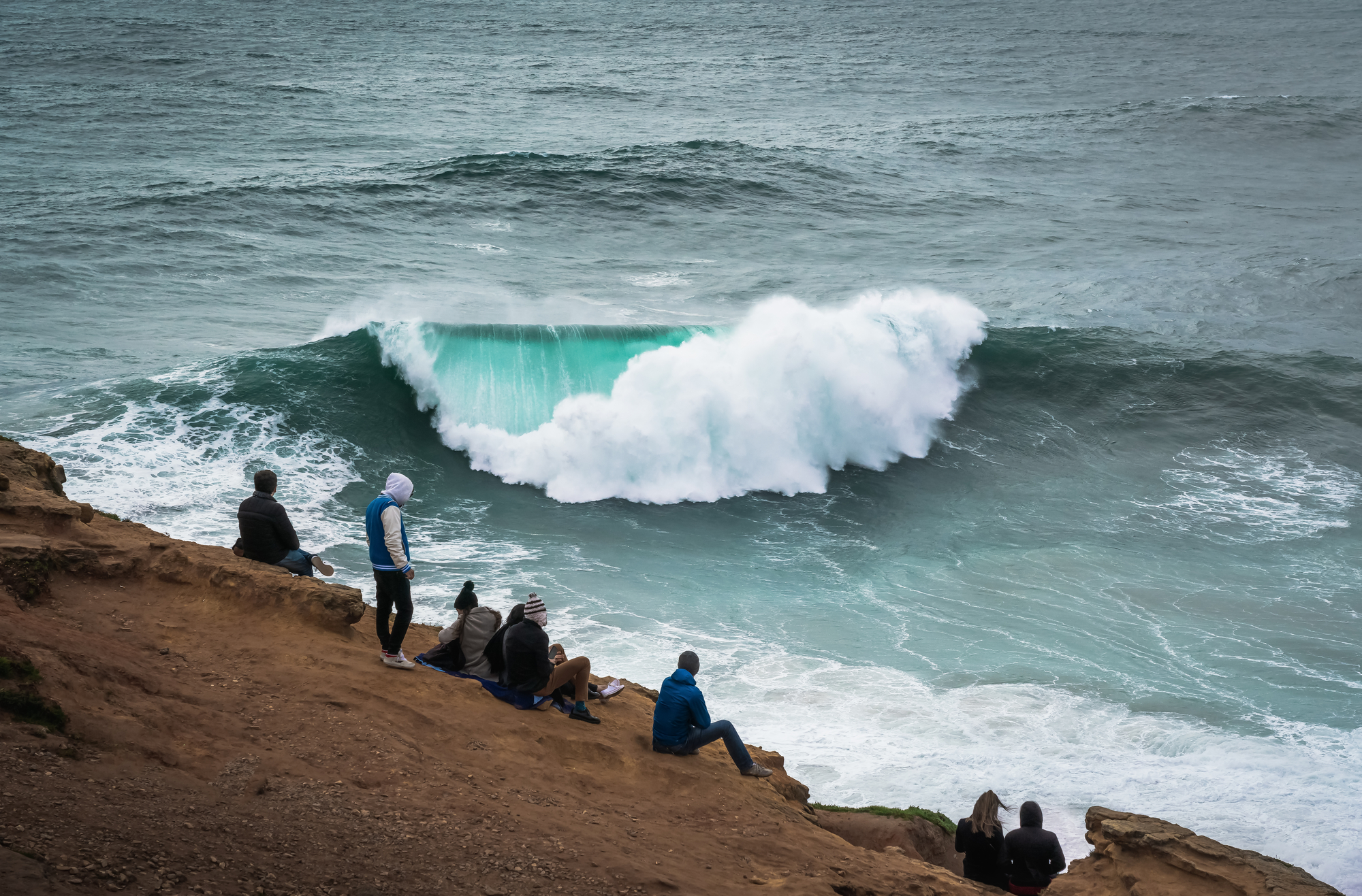 Megalophobia Nazare big wave stock photo