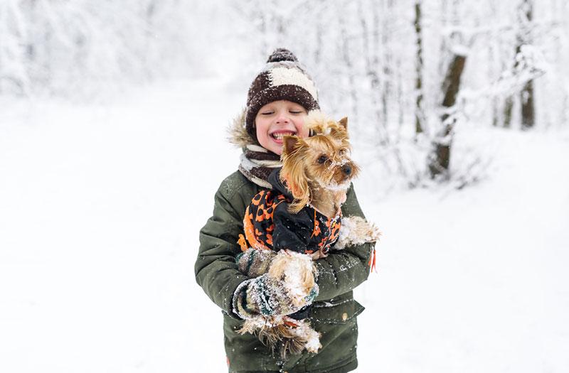 Little boy and small dog in winter park.