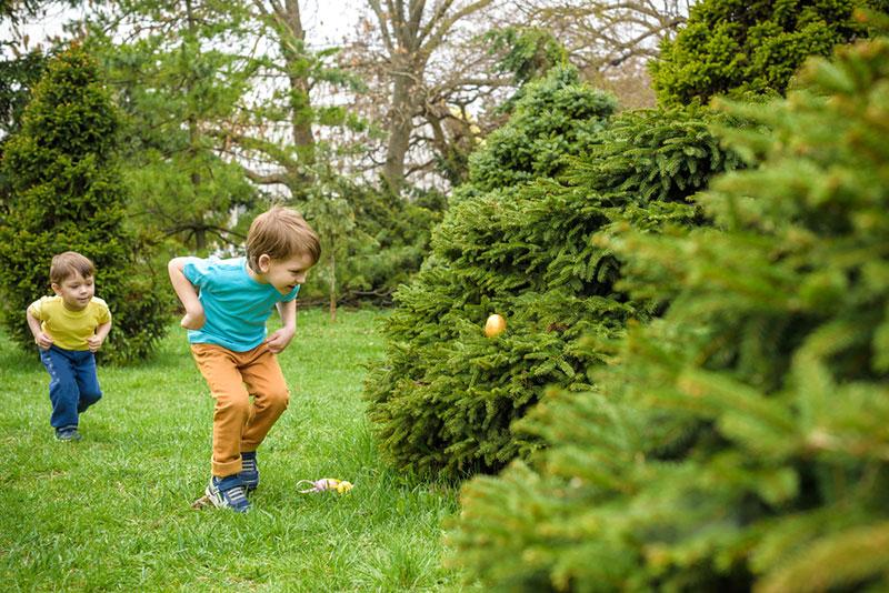 Playing an egg hunt with children on Easter Sunday