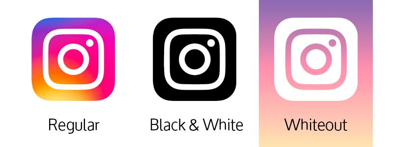 Instagram logo in regular, Black & White, and Whiteout applications