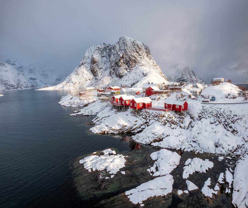 fishing village in snowfall