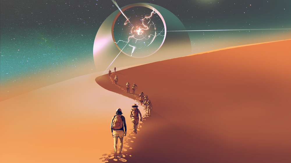 people walking through a desert