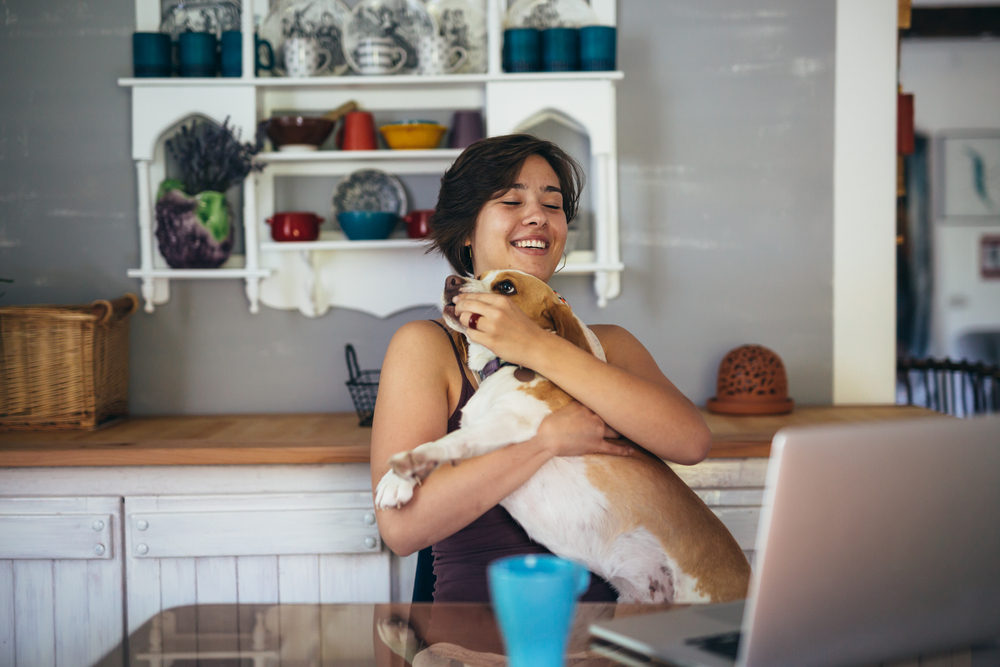 stock photo of woman holding her dog