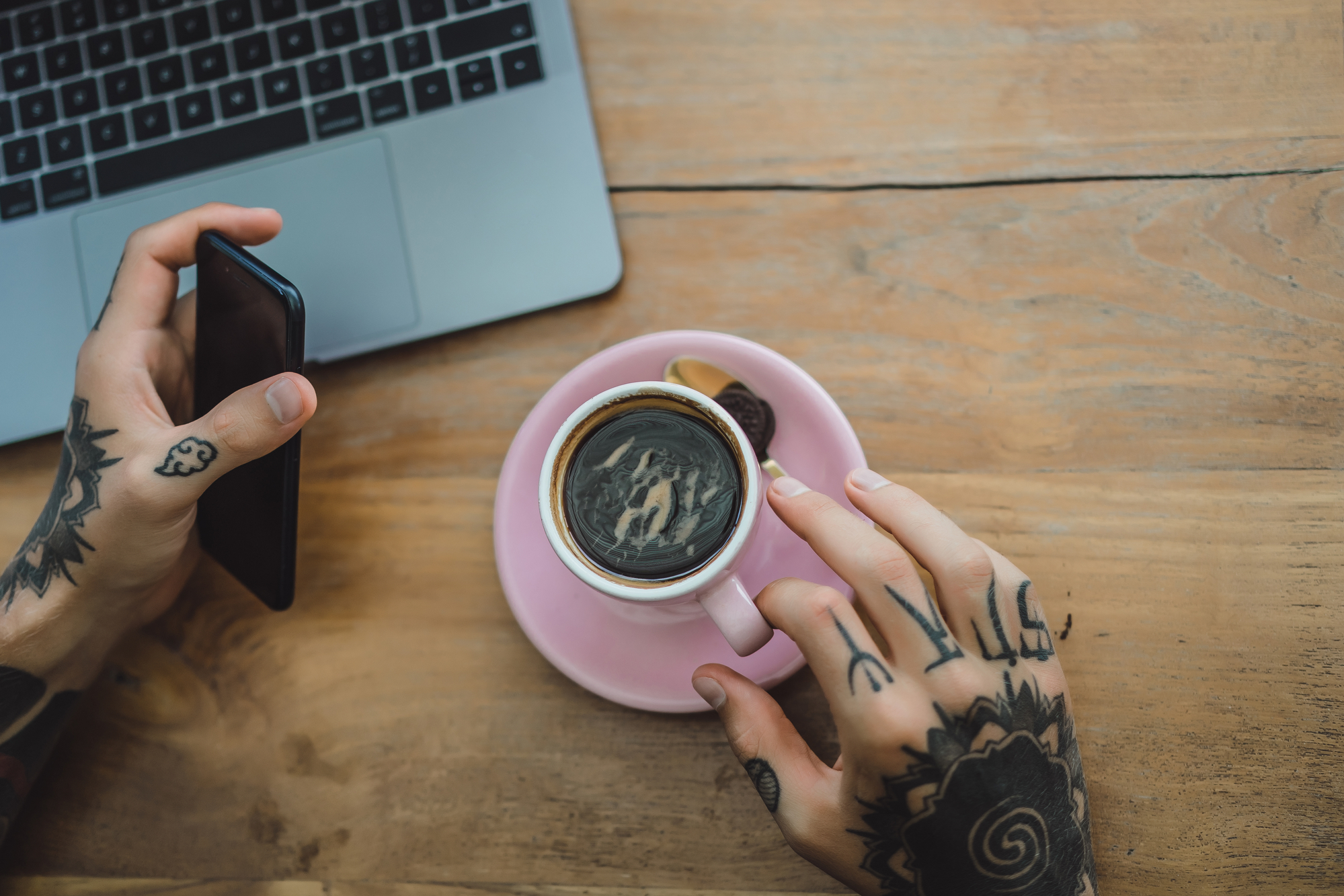 image of tattooed hands, coffee and laptop