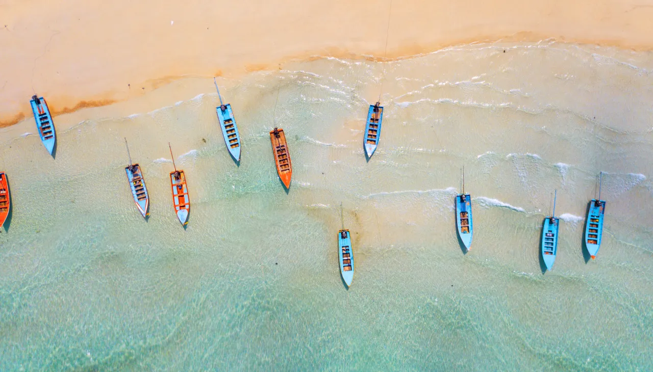 Aerial: Shoreline with fishing boats