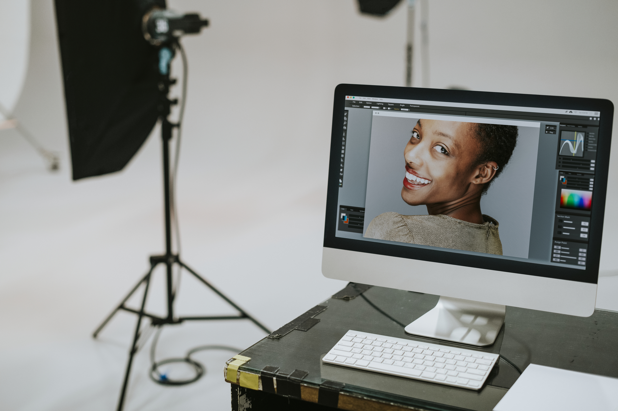 Female model on a computer screen stock photo