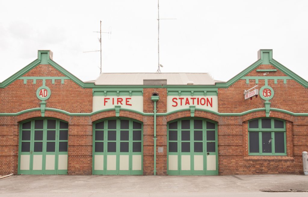 Retro fire station stock photo