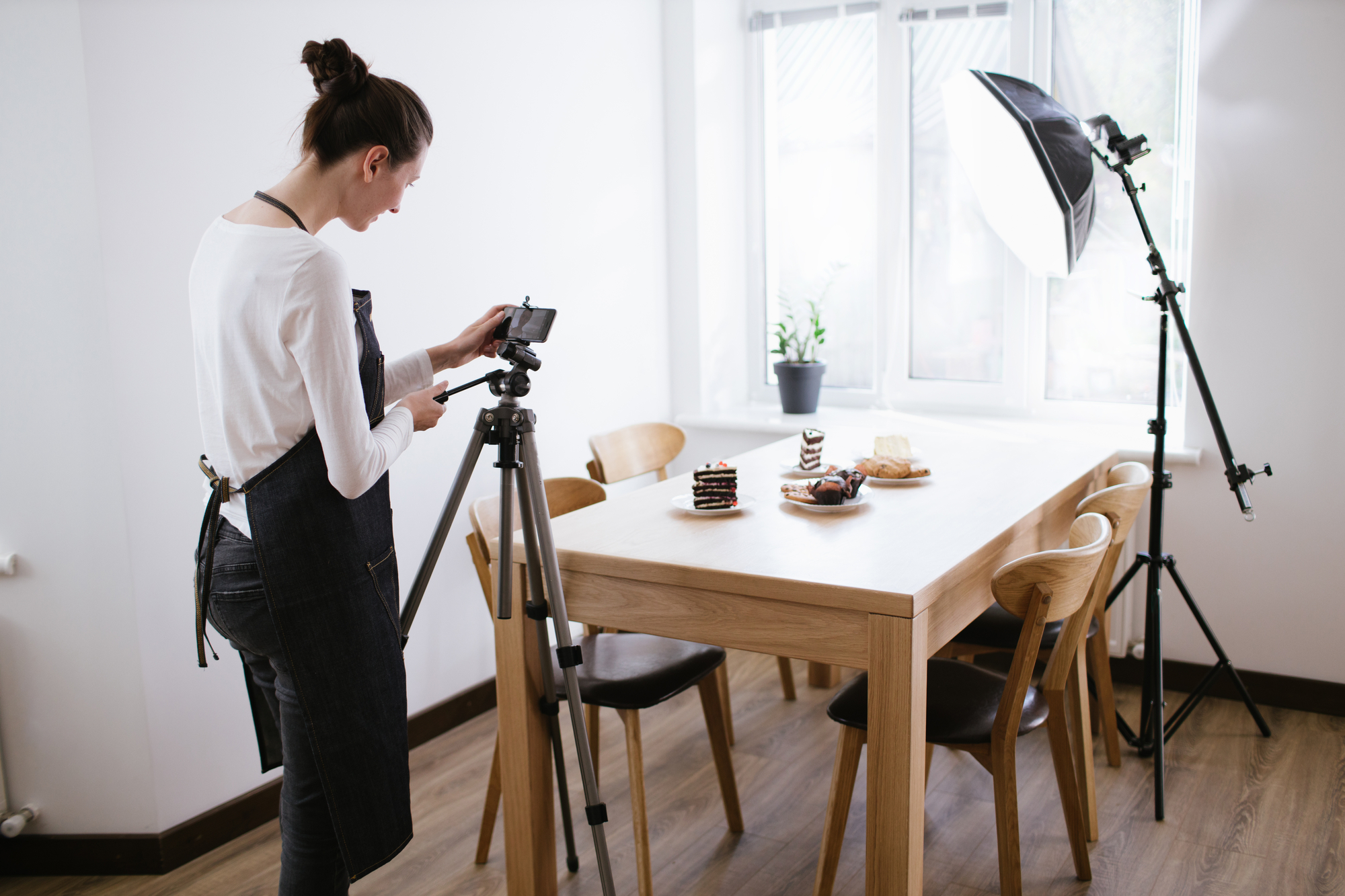 Woman vlogger recording video stock photo