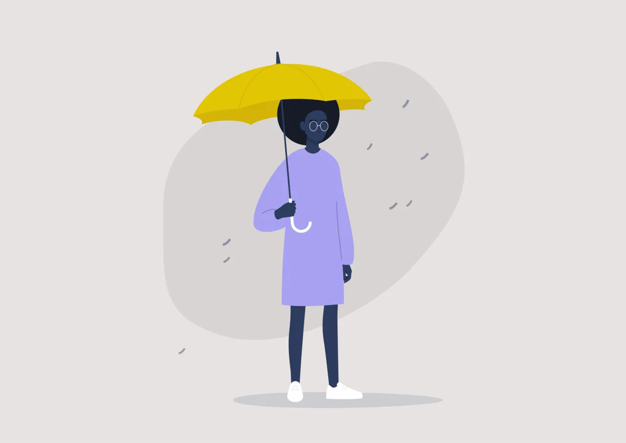 stock illustration young black female character holding a yellow umbrella