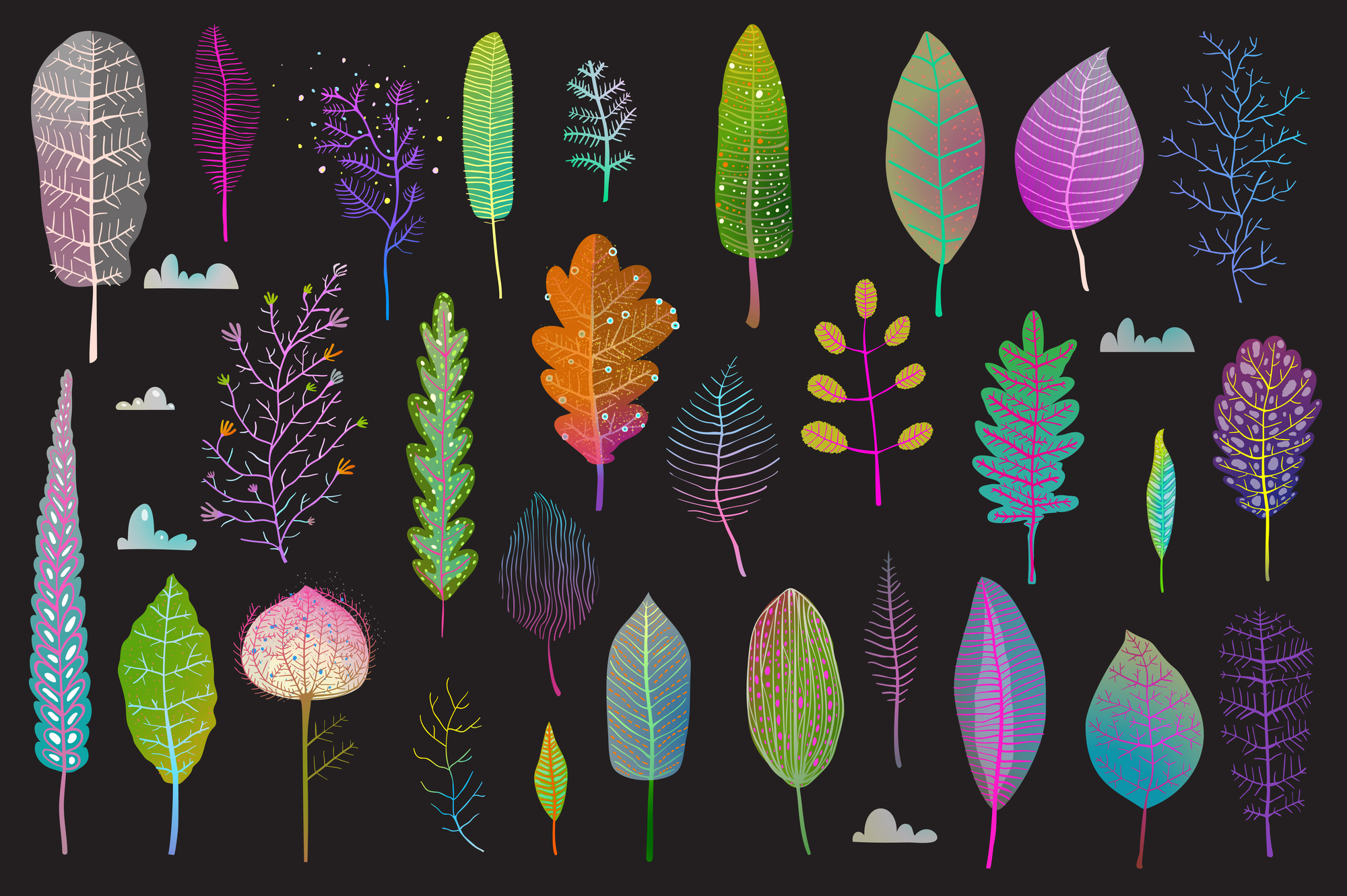 stock illustration Leaf flowers clipart set isolated on dark background