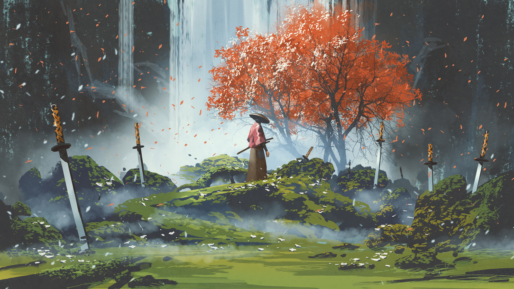 stock illustration samurai standing in waterfall garden with swords on the ground