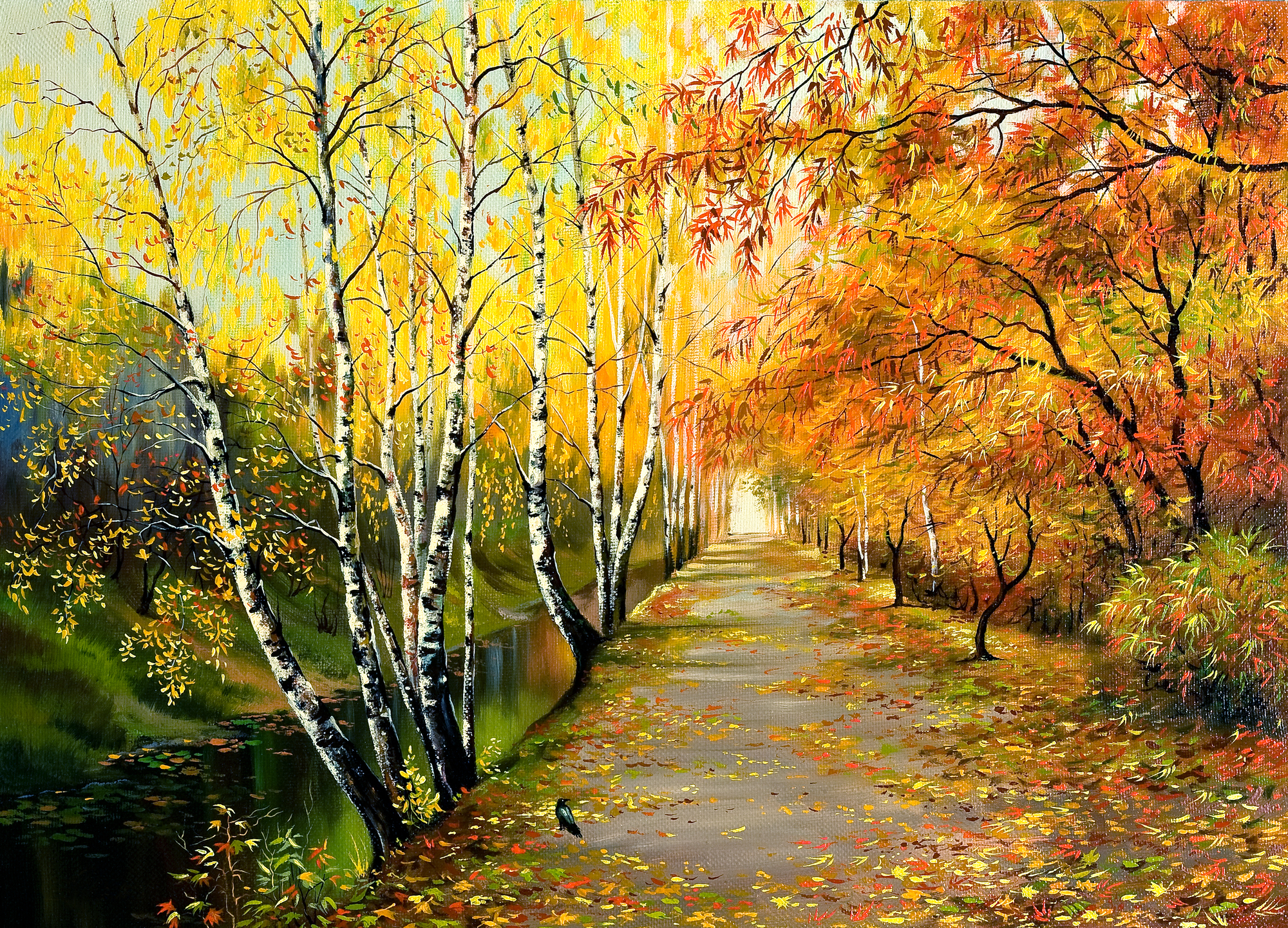 stock illustration Autumn road along the channel