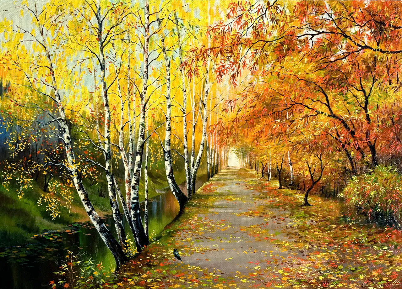 stock illustration Autumn road along the channel