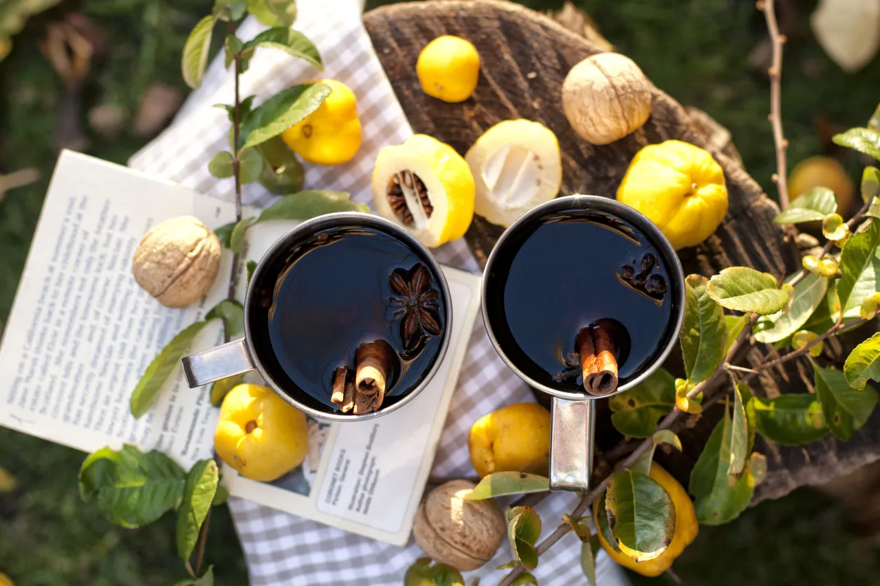 Autumn still life of tea with spices and Japanese quince stock photo