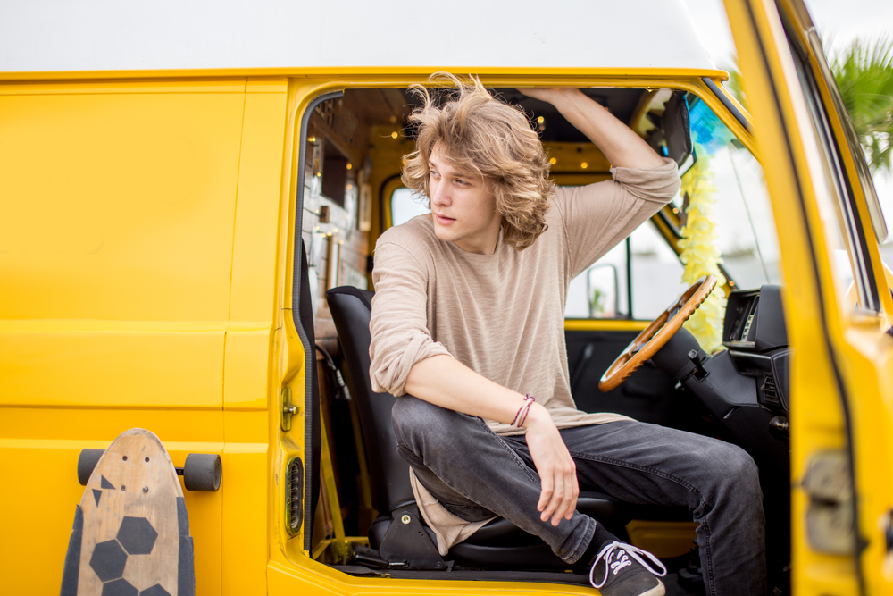 stock photo young boy van skateboard