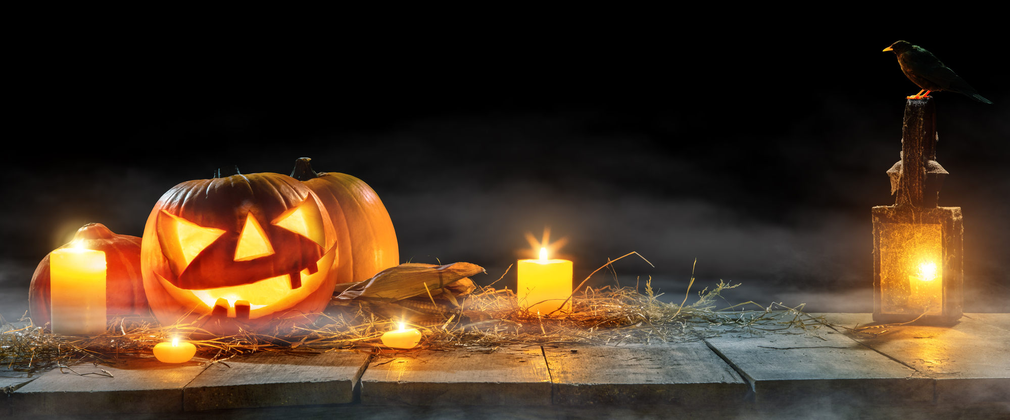 Spooky halloween pumpkins on wooden planks stock photo