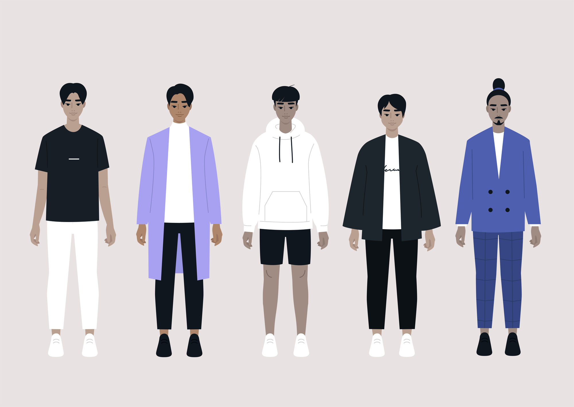 A set of Asian male characters wearing different outfits: stock illustration