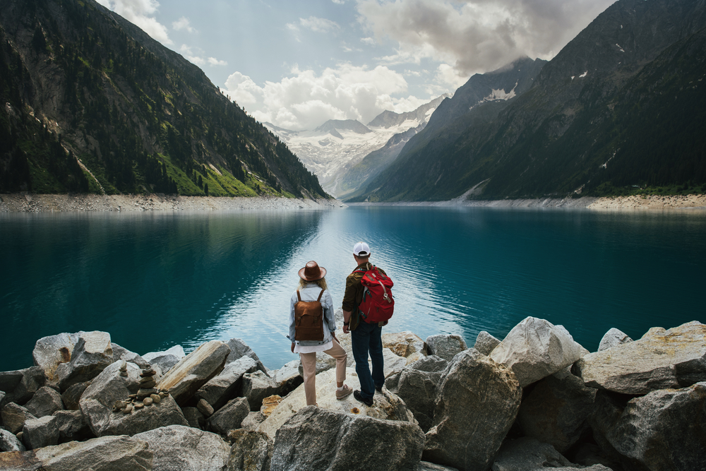 travel photography stock photo couple lake