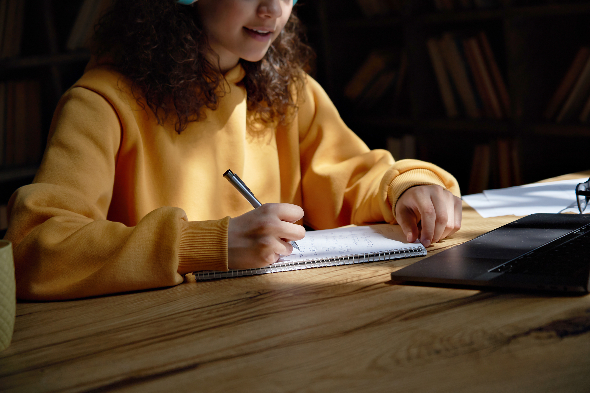 Teen girl college student wear headphones stock photography