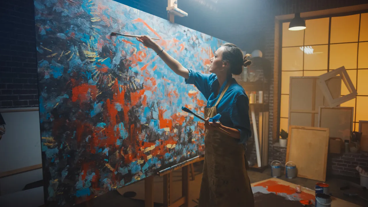 Talented Female Artist Works on Abstract Oil Painting, Using Pai