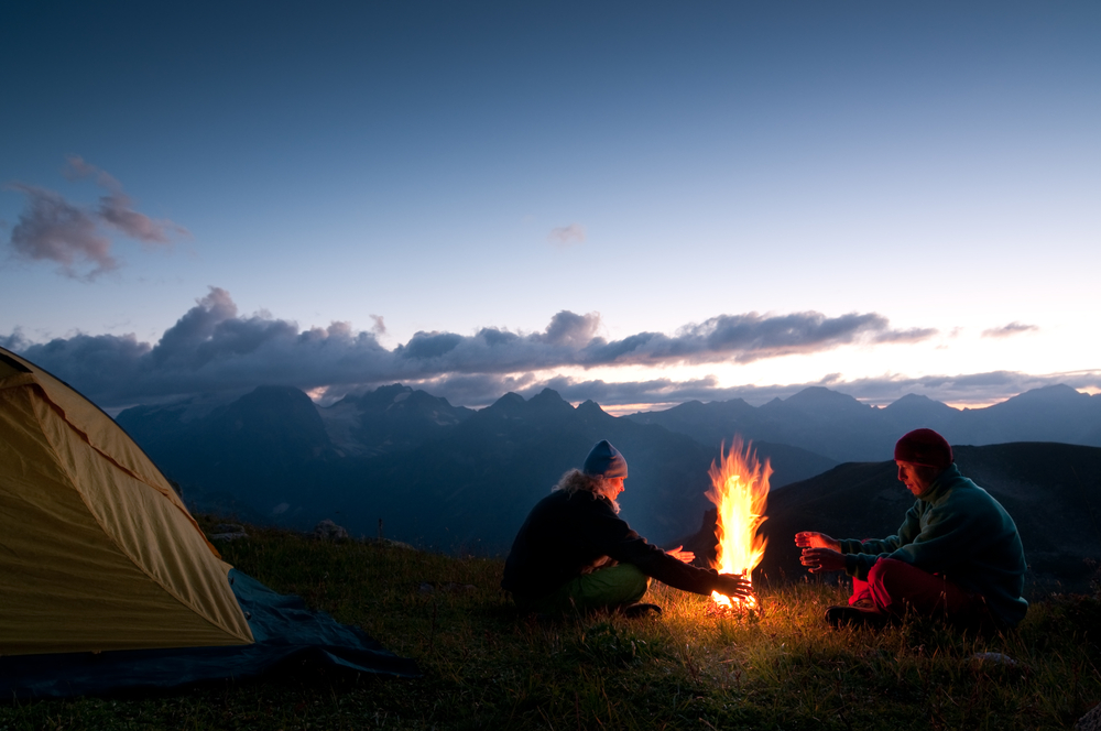 stock photo mountains camping fire