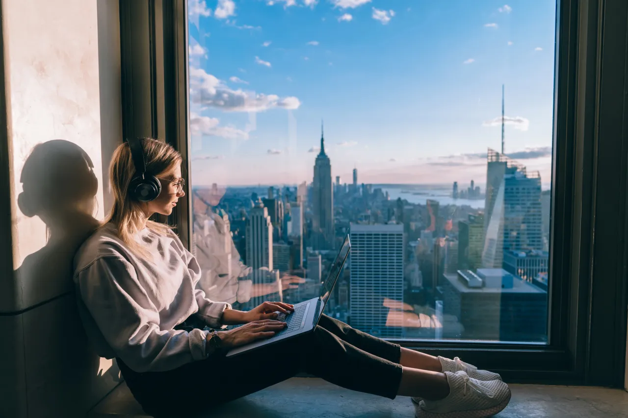 Young woman working in New York stock photo