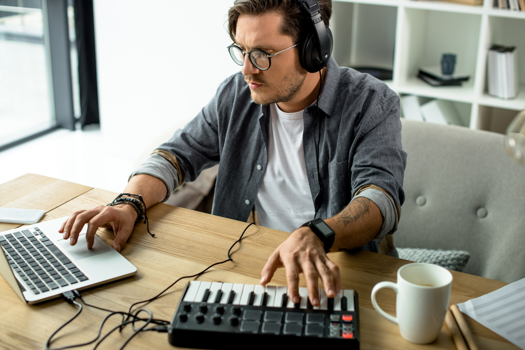 Male sound editor stock photo