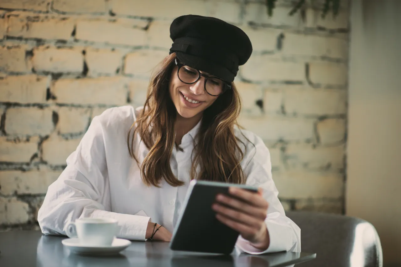 Caucasian woman tablet stock photo