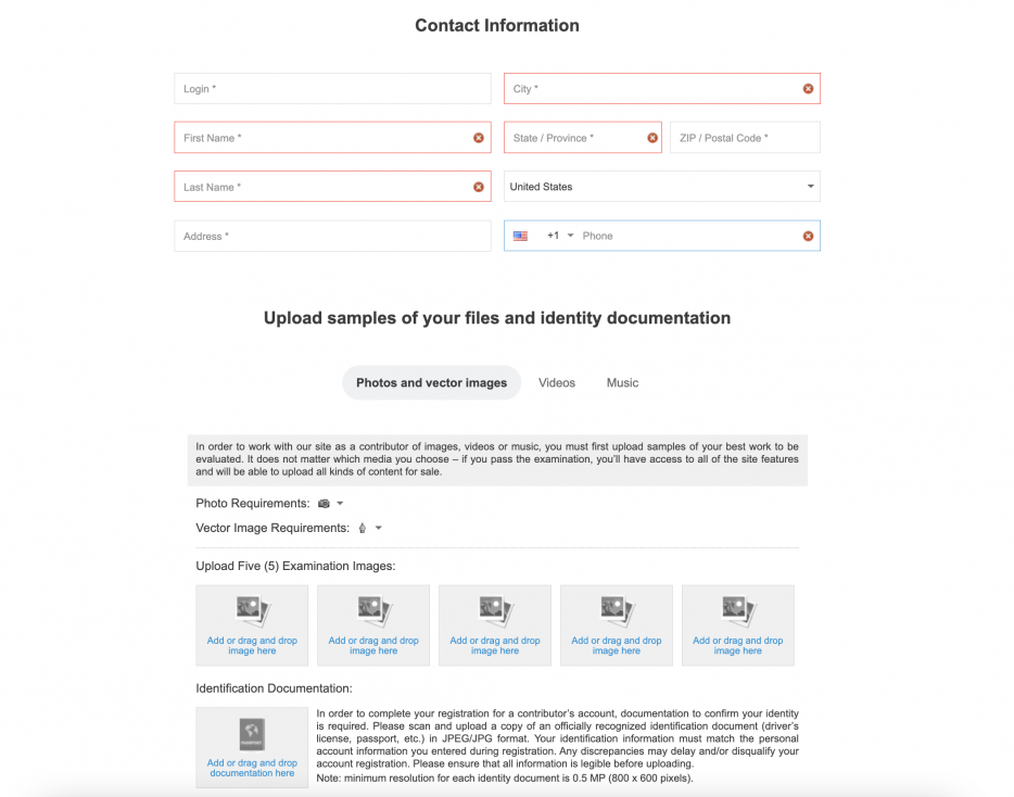 Depositphotos sign up form for contributors