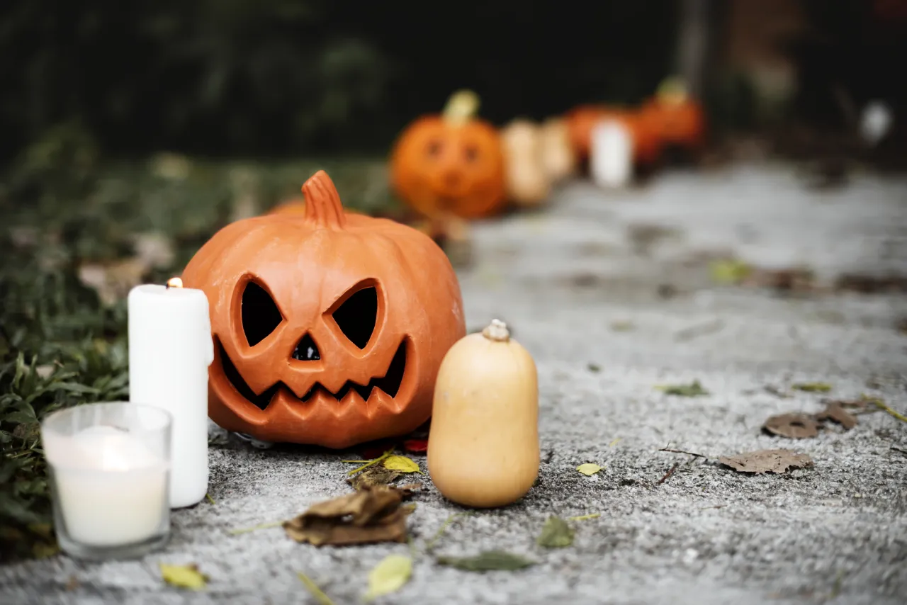 Halloween pumpkins and decorations outside a house