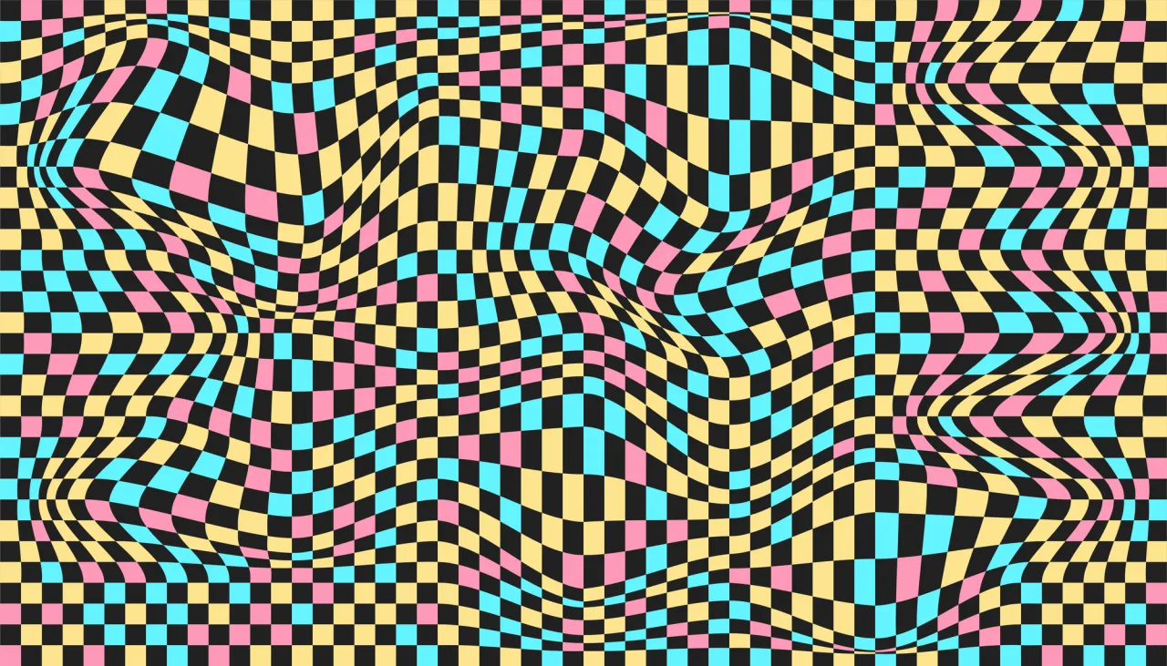 Distorted surface. Chess background with distortion. Optical illusion banner. Op art backdrop. Vector illustration