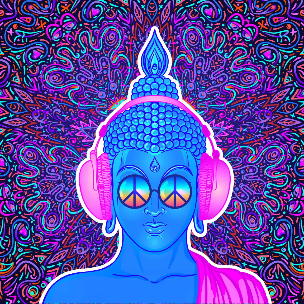 Buddha over colorful neon background. Vector illustration. Psych