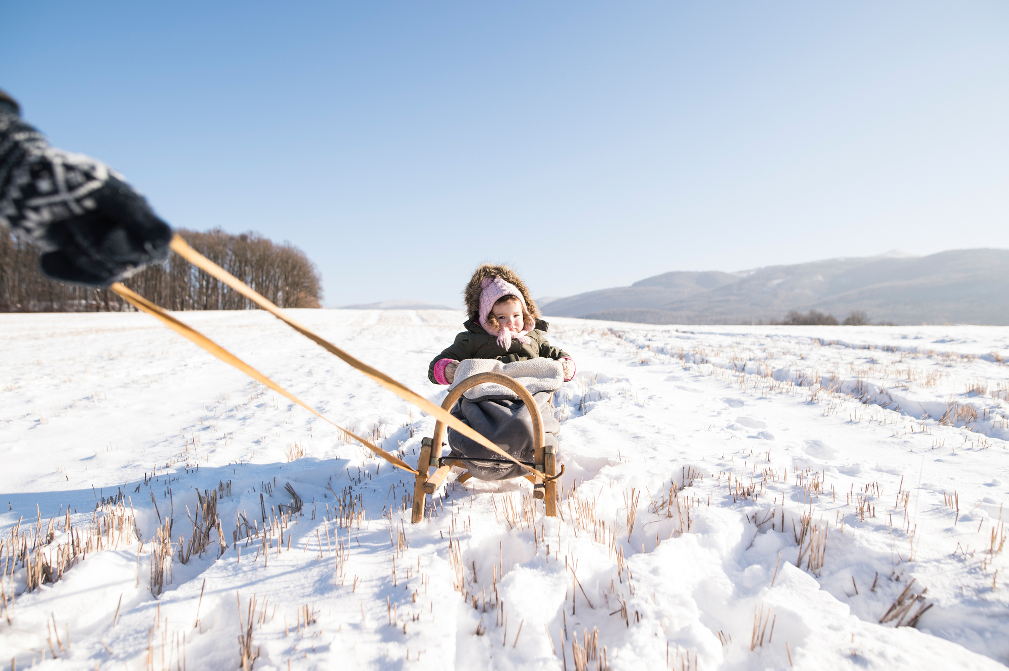 Mother pulling daughter on sledge. Sunny white winter nature.