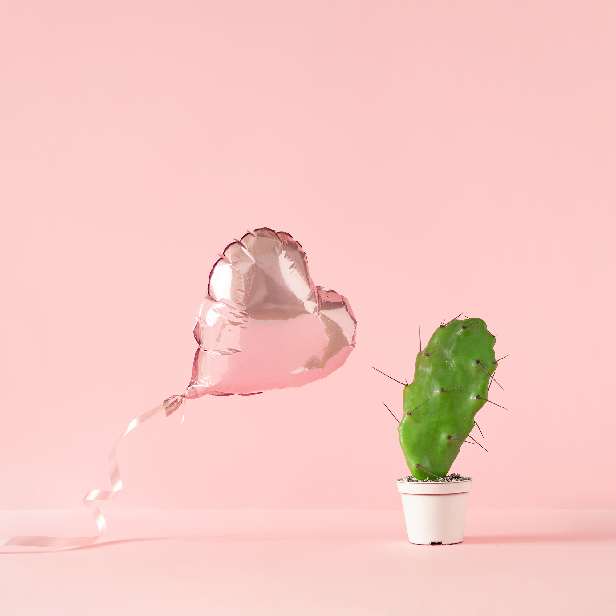 Heart shaped foil balloon with cactus plant and pink background.