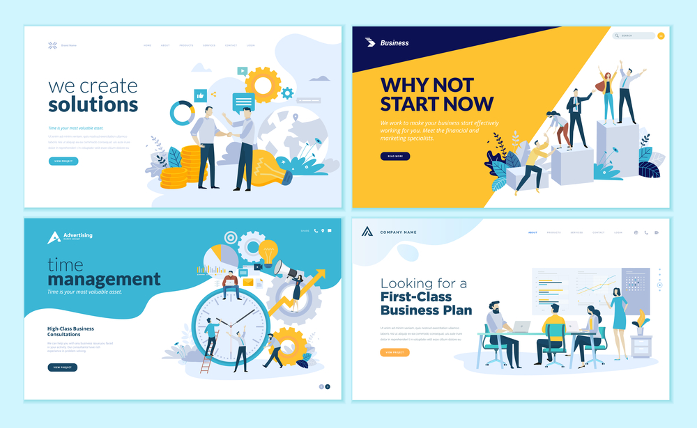 Set of web page design templates for business solutions, startup, time management, planning and strategy