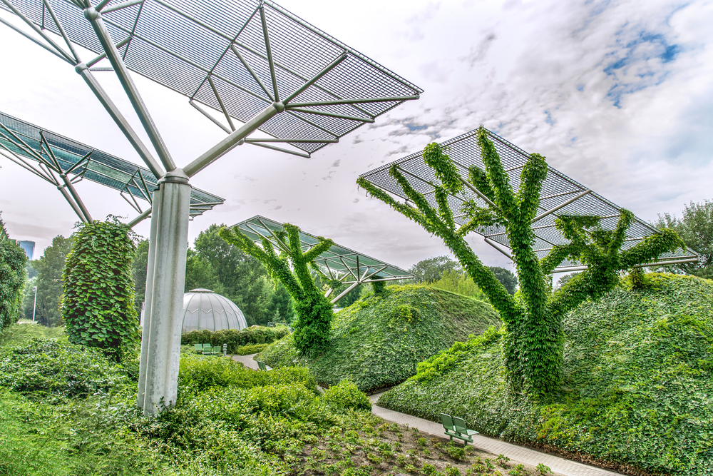 Garden in University of Warsaw library on a cloudy day