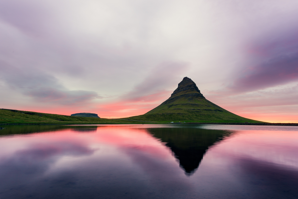 Colorful sunrise on Kirkjufellsfoss waterfall