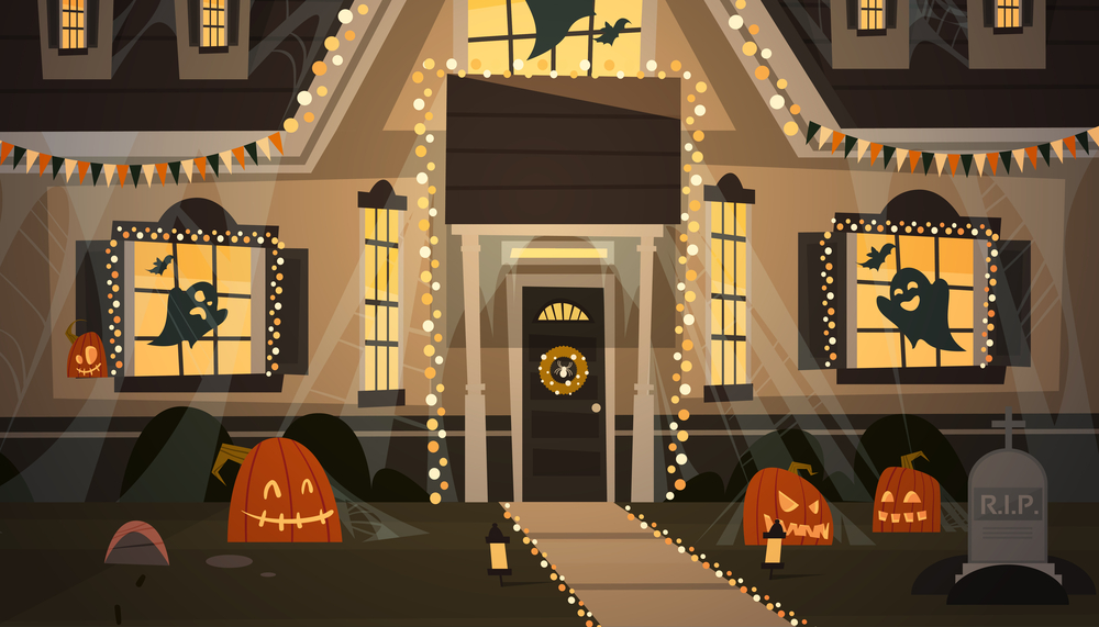 House Decorated For Halloween Home Building Front View With Different Pumpkins, Bats Holiday Celebration Concept