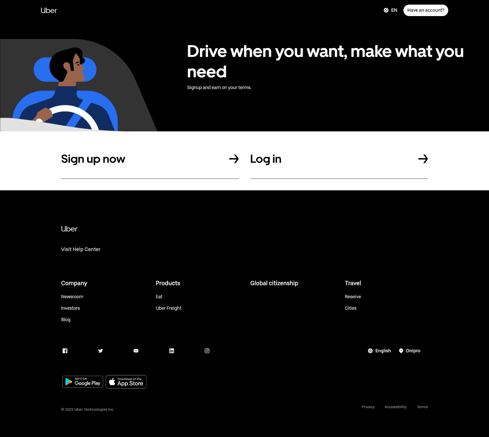 Screenshot Uber landing page. Website types