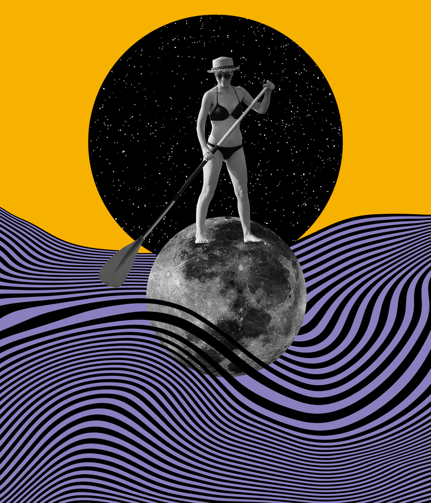 Contemporary art collage. Woman in swimsuit standing on moon and sailing over space and purple desert