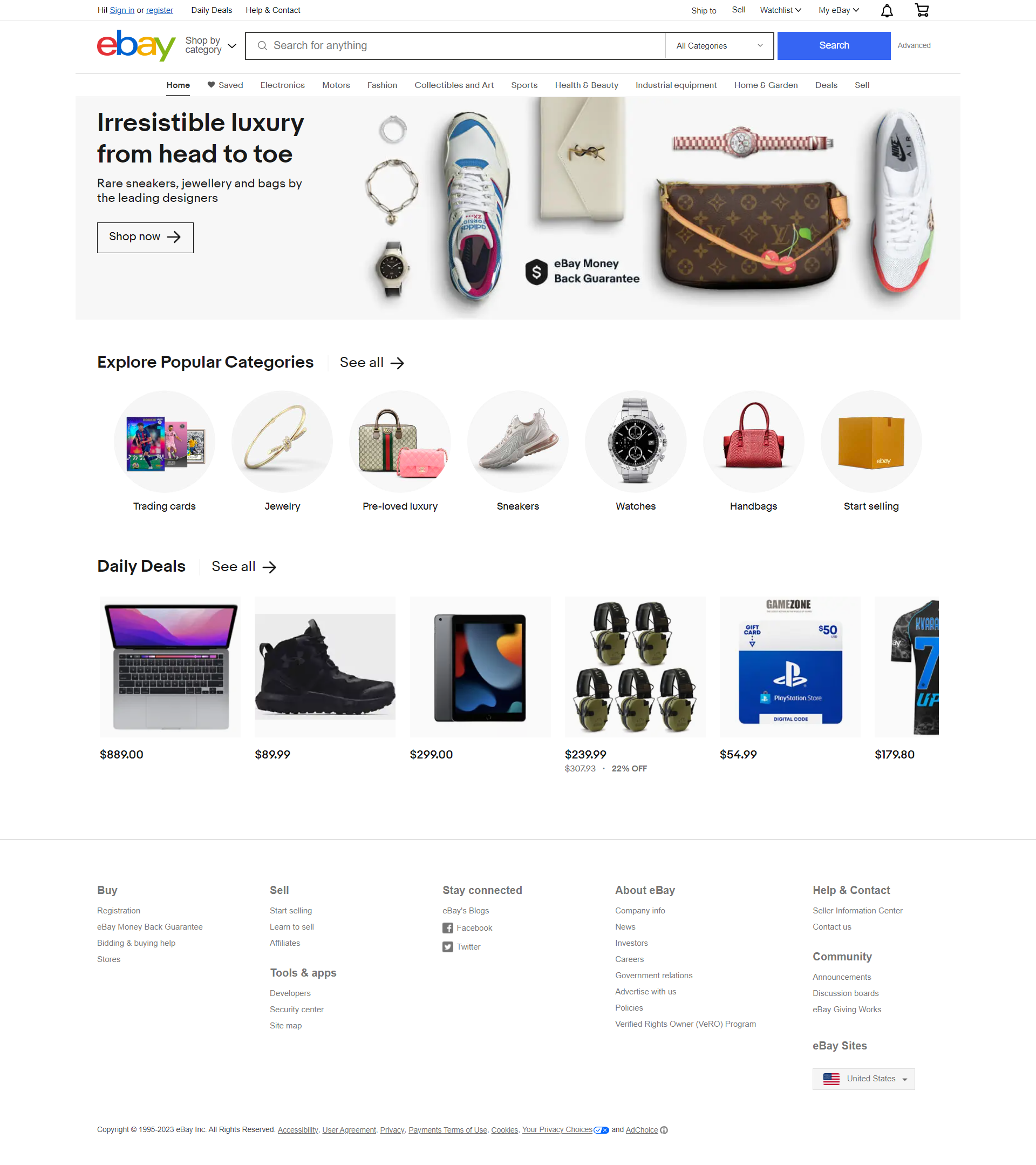 Screenshot eBay website. Types of websites