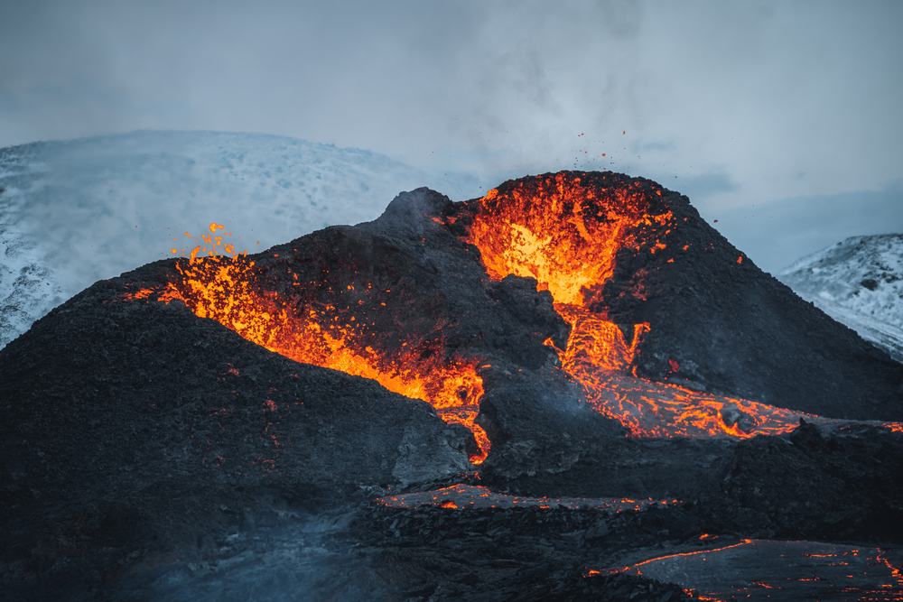 Iceland Volcanic eruption 2021. The volcano Fagradalsfjall is located in the valley Geldingadalir close to Grindavik and Reykjavik. Hot lava and magma coming out of the crater.