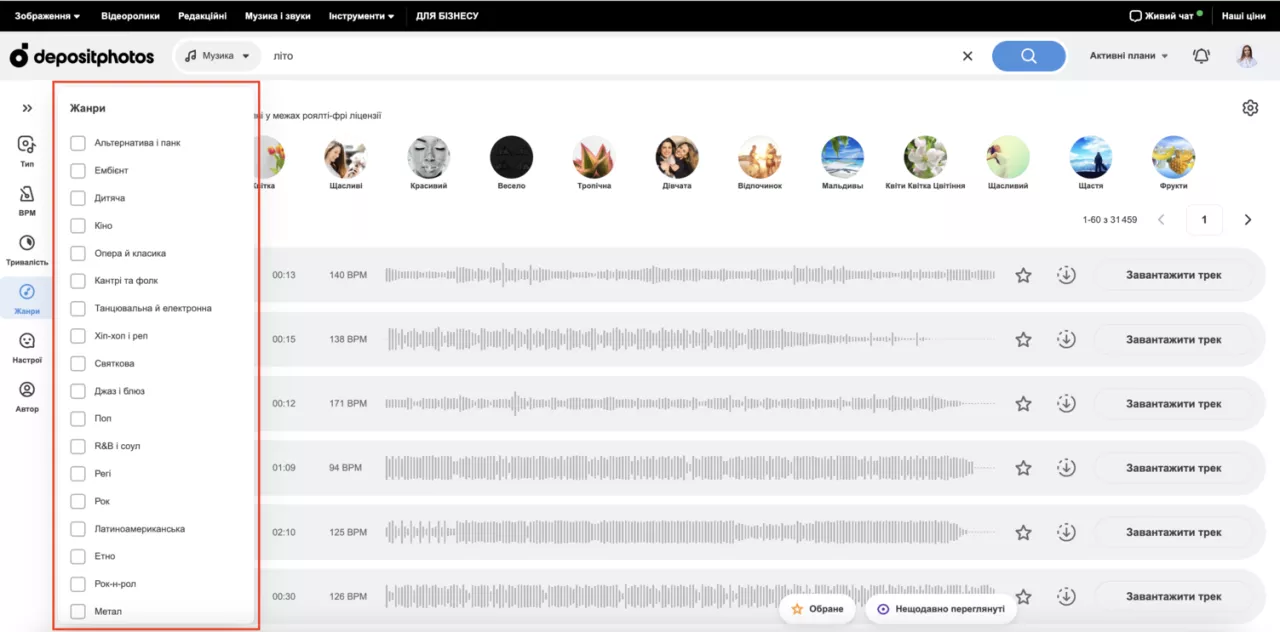 Скріншот пошук на сайті Depositphotos жанри музики