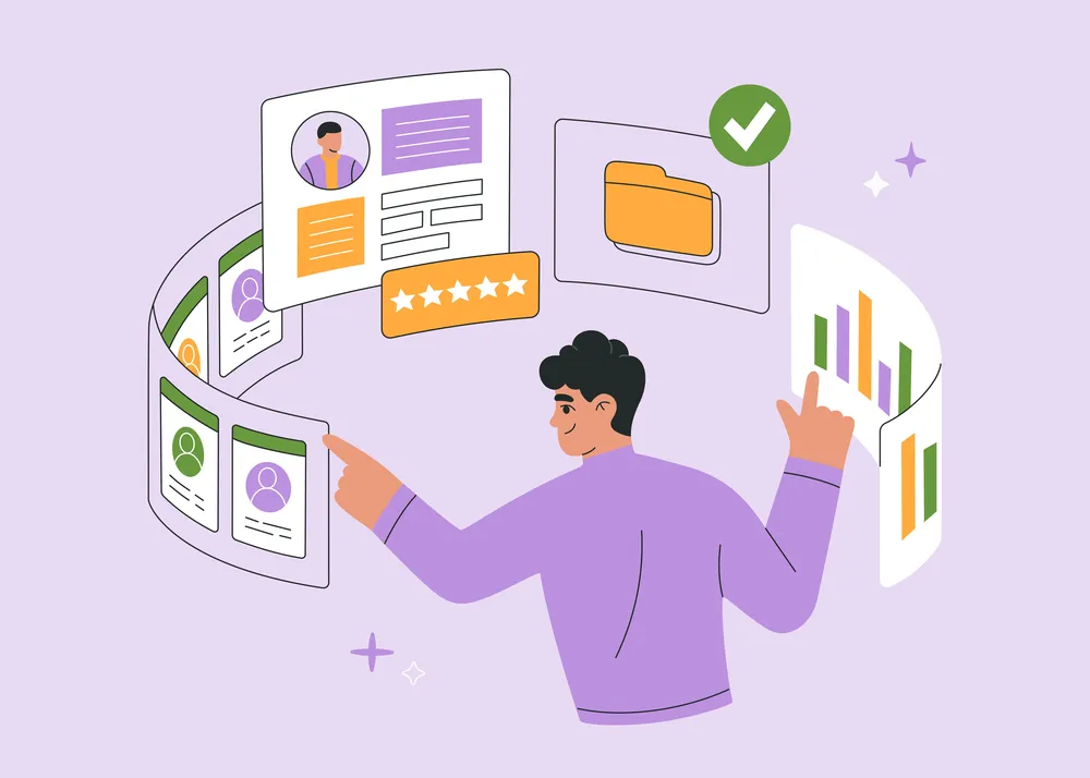 Recruitment agency, hiring employees. Hr manager selects the best candidate for job vacancy. CV, resume analysis. Hand drawn vector illustration isolated on purple background, flat cartoon style.