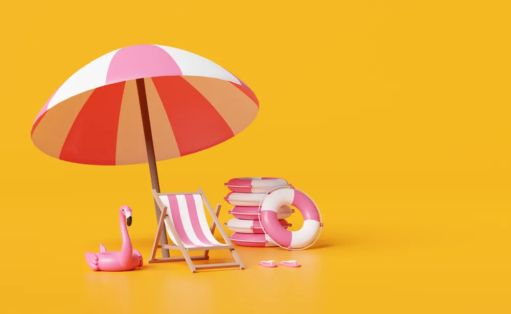 summer sea beach with beach chair,umbrella,Inflatable flamingo,pile of stacked lifebuoy,sandals isolated on orange background.summer travel concept,3d illustration or 3d render